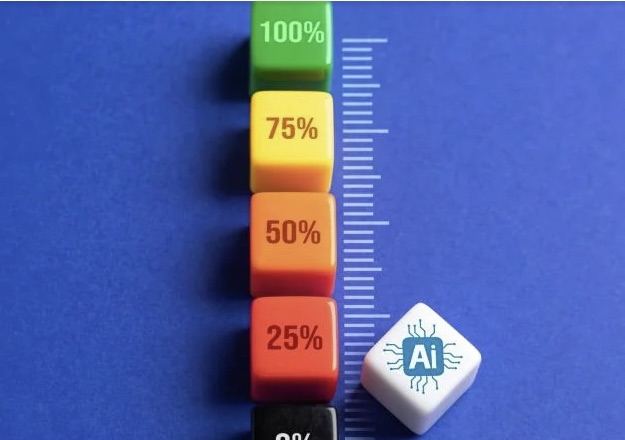Coloured dice stacked as a rising scale next to an AI tile
