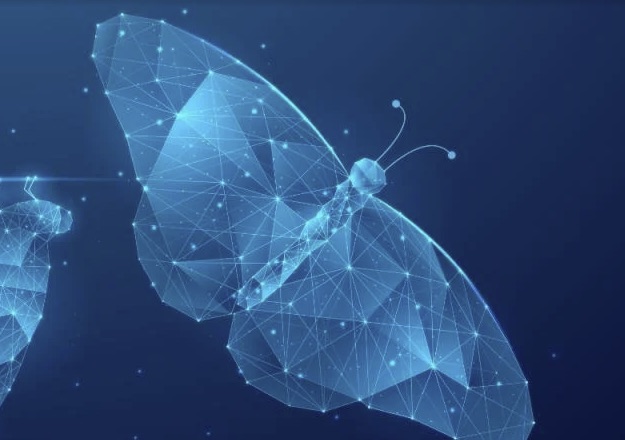A butterfly rendered as a glowing wireframe, emerging from a chrysalis