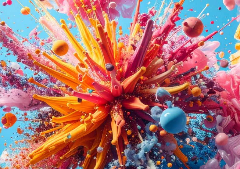 A burst of colour radiating outwards against a blue background