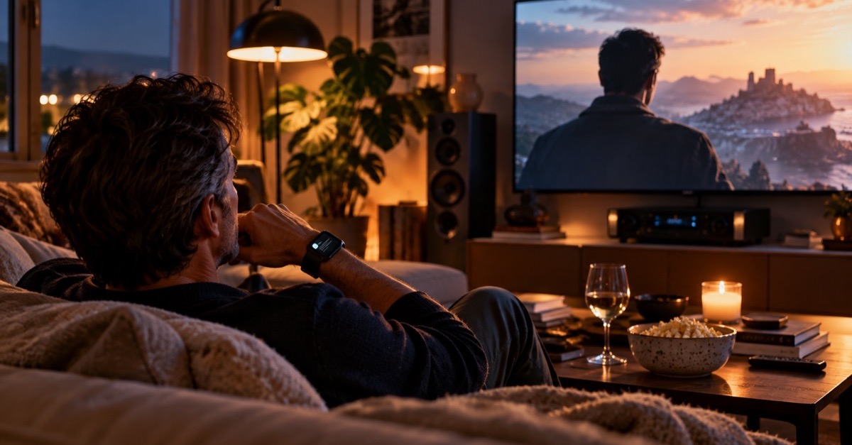 A man on a sofa watching a film at night, a smartwatch on his wrist