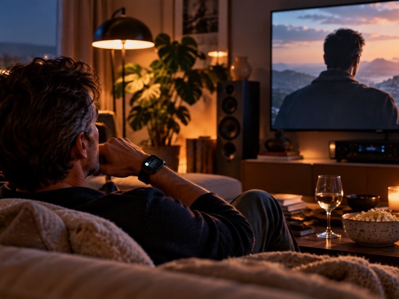 A man on a sofa watching a film at night, a smartwatch on his wrist